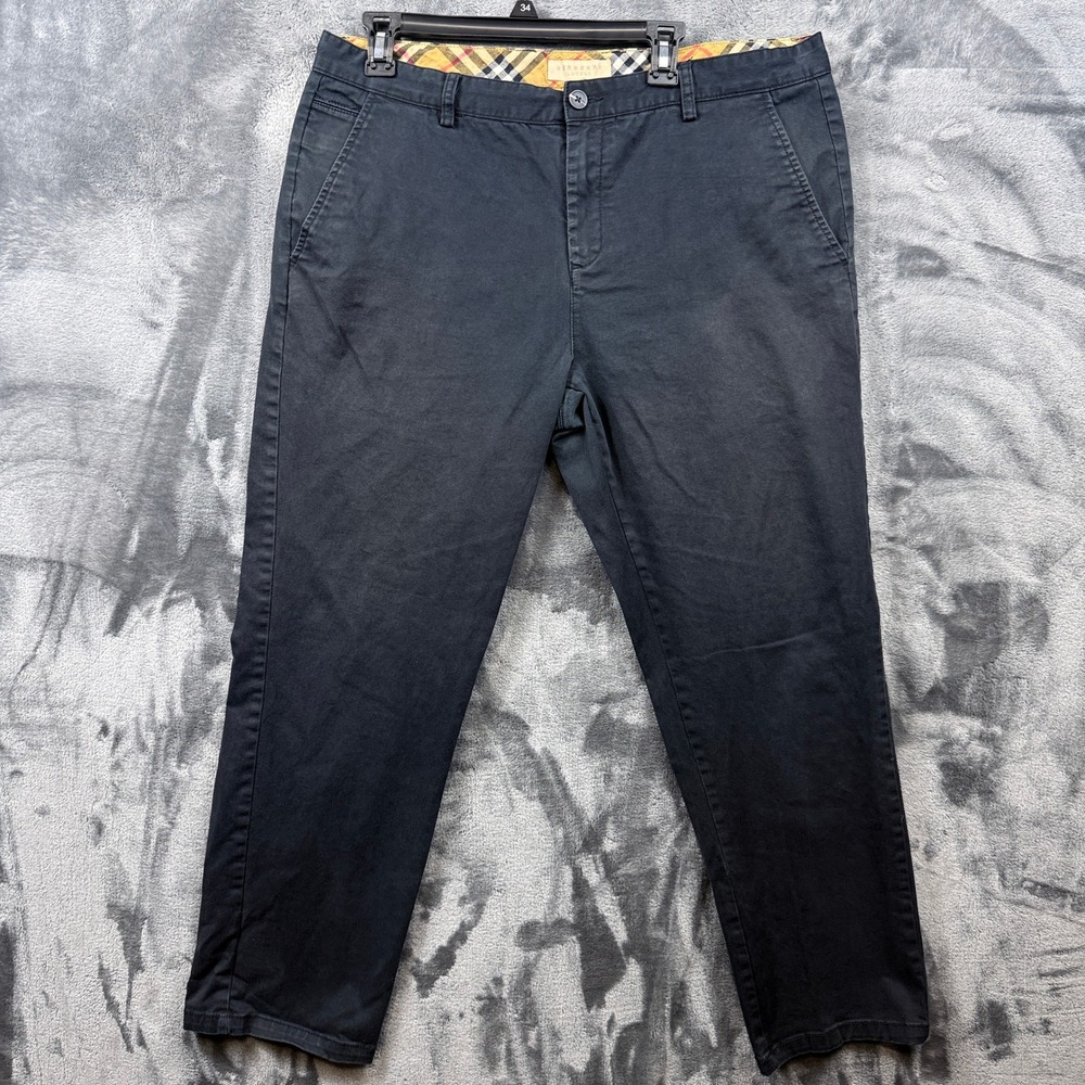 Burberry Chino Pants Mens 38/30 Black Nova Check Trim Stretch Cotton Trousers